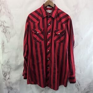 Vintage Western Shirt Mens XL Striped Red Pearl Snap Button Lightweight Cowboy